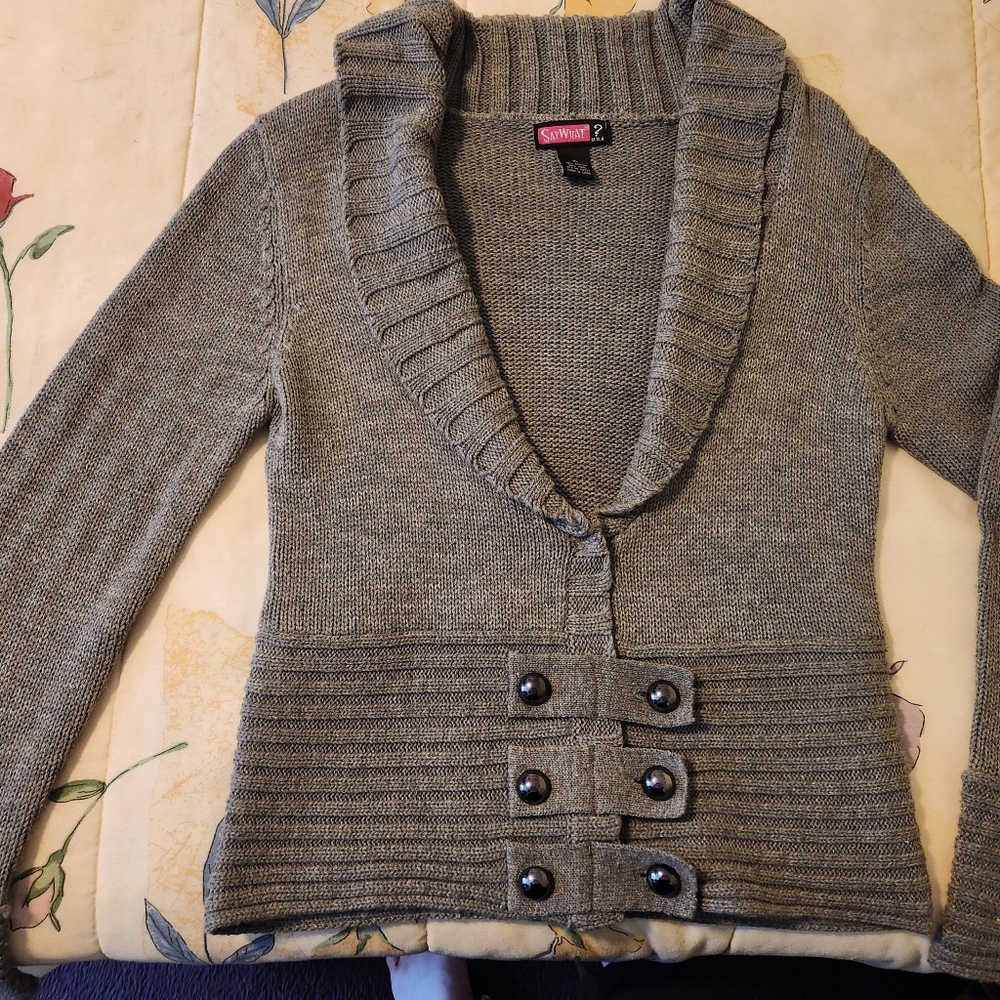 Gray Buttoned Cardigan With Fold Over Collar